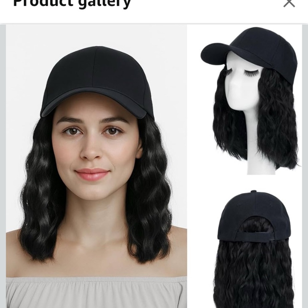 MY-LADY Wig Hat W/Hair Attached,Baseball Cap, Adj Wavy Synthetic  8" Black Cap